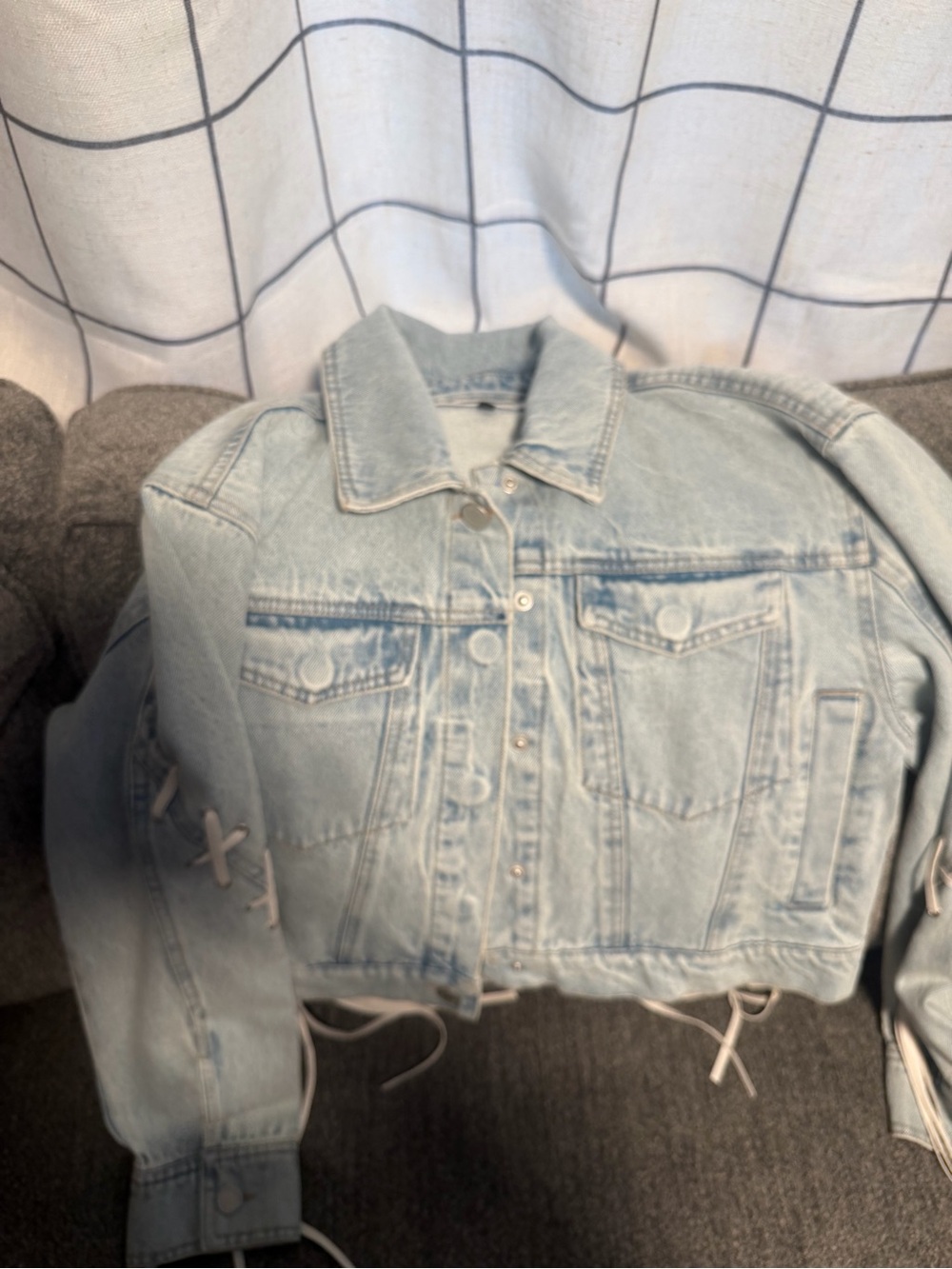 Blank NYC Light Wash Cropped Denim Jacket with Lace-Up Sides